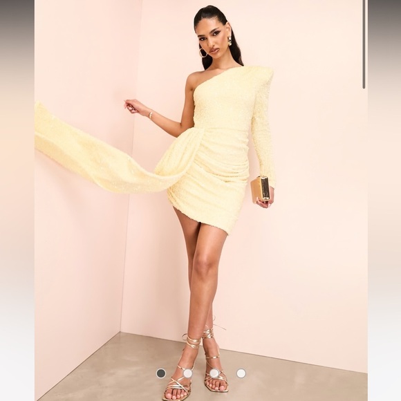 ASOS Dresses & Skirts - ASOS LUXE one shoulder asymmetric draped mini dress in yellow sequin